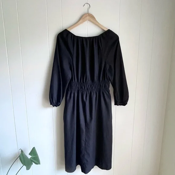 Universal Thread Black Linen Midi 3/4 Puff Sleeve Ruched Peasant Dress‎ … - Picture 3 of 10